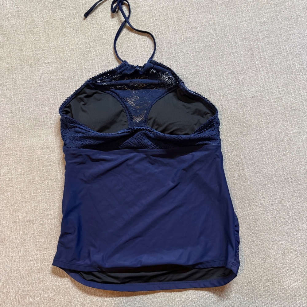Coastal Blue Tankini Top Size Large Navy Blue Crochet Lace Halter Neck Swimwear - Picture 3 of 4